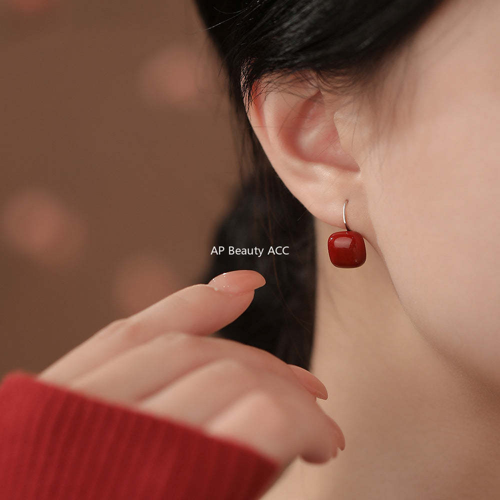 D廠-純銀S925復古幾何簡約紅色復古方塊耳環輕奢中式溫柔小眾耳飾「YC4242E_1」25.12-3