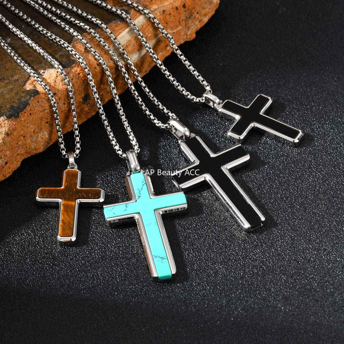 G廠-不鏽鋼歐美跨境男士項鍊十字架綠松石虎眼毛衣鏈簡約吊墜「PN-2224」25.12-2