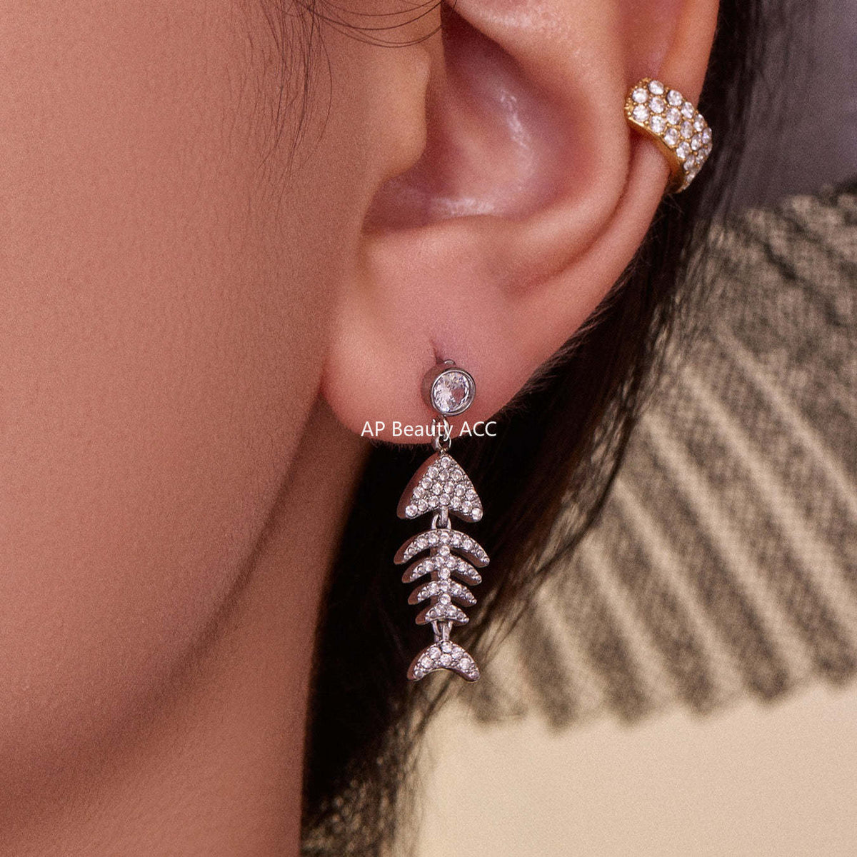 B廠-跨境新款魚骨造型滿鑽鋯石超閃耳環不鏽鋼鍍18k真金不掉色「F1123-F983」25.10-5