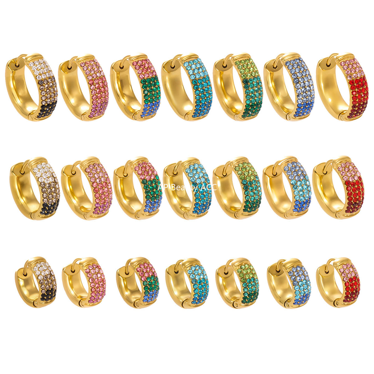 B廠-彩色鋯石拼色圓圈耳環大中小尺寸耳扣不鏽鋼鍍18k真金飾品「F931」25.11-2