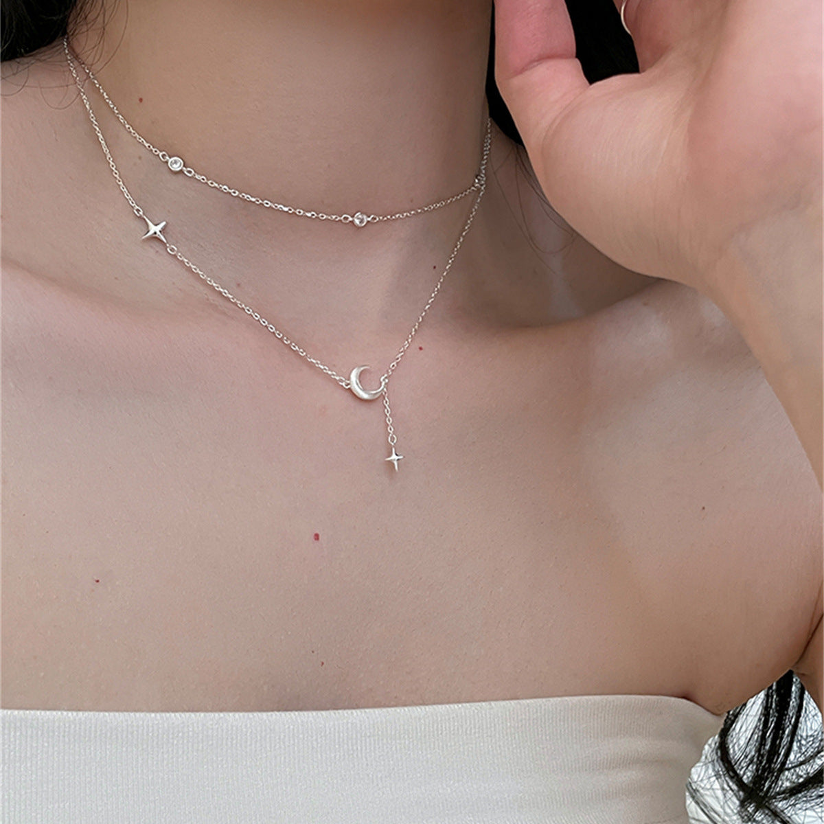 C廠-925純銀磨砂星月流蘇項鍊女日韓簡約小眾輕奢設計感鋯石鎖骨頸鏈「XL-1115」25.07-1