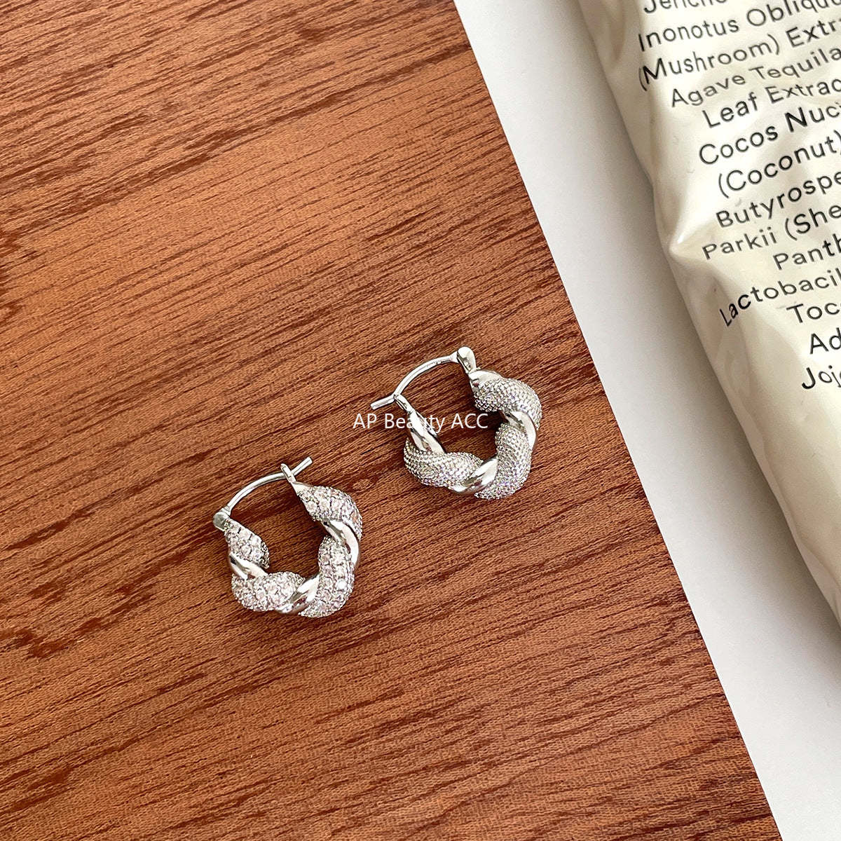 C廠-法式慵懶風銀針鋯石耳環女小眾高級感氣質百搭牛角包耳扣精緻耳飾「EH-4116」25.10-5