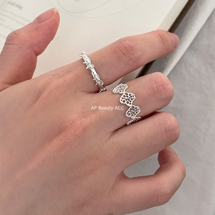 C廠-宮廷風蕾絲花邊純銀戒指輕奢小眾高級感蝴蝶結食指戒百搭氣質指環「JZ-0726」25.11-1