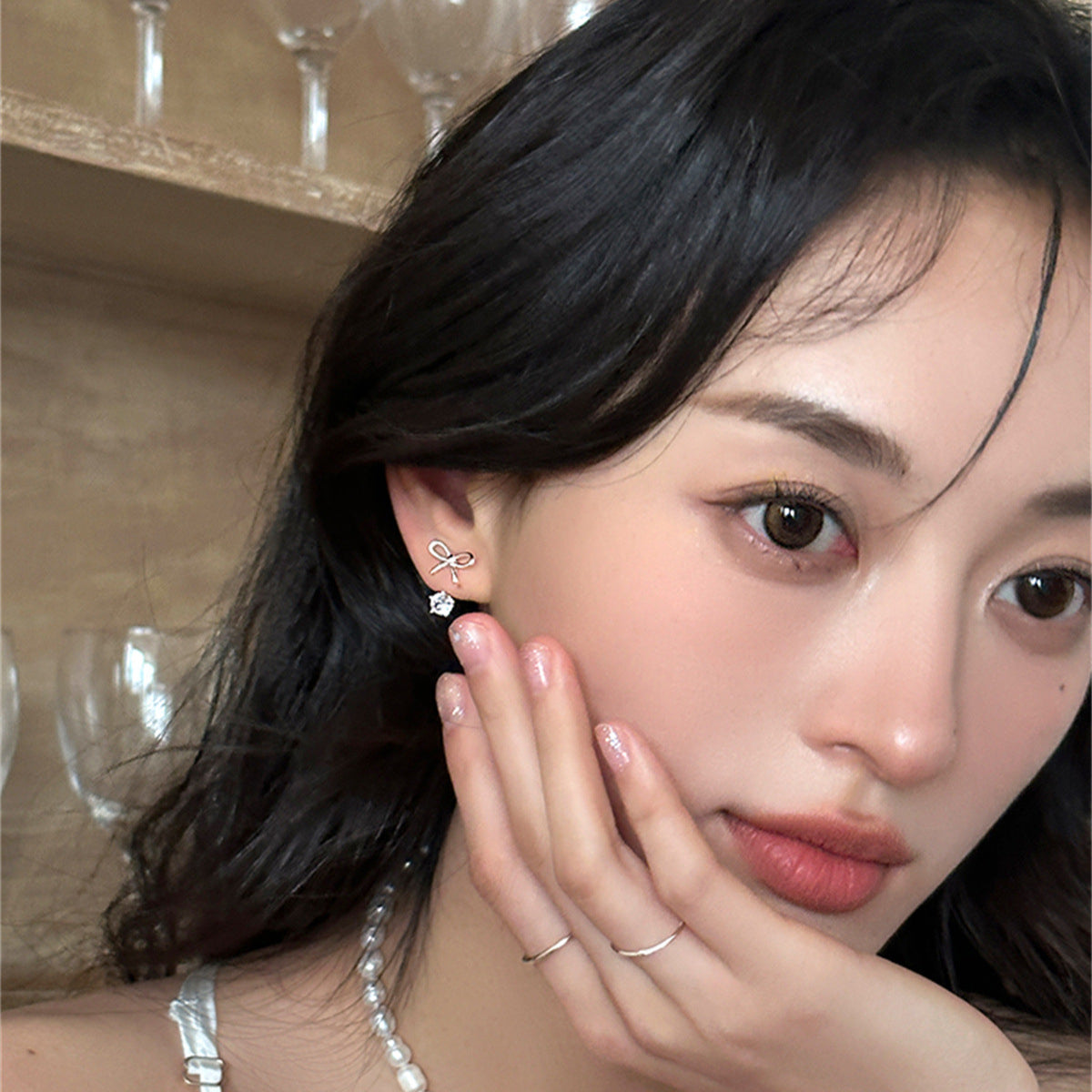 C廠-夏季百搭玫瑰金蝴蝶結耳釘女清新時尚高級感鋯石銀針耳環ins耳釘「EH-3702」25.07-2