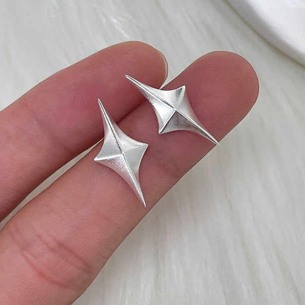 C廠-925銀針拉絲立體四芒星耳釘女輕奢高級氣質耳環日常百搭秋冬耳飾「EH-4119」25.11-2