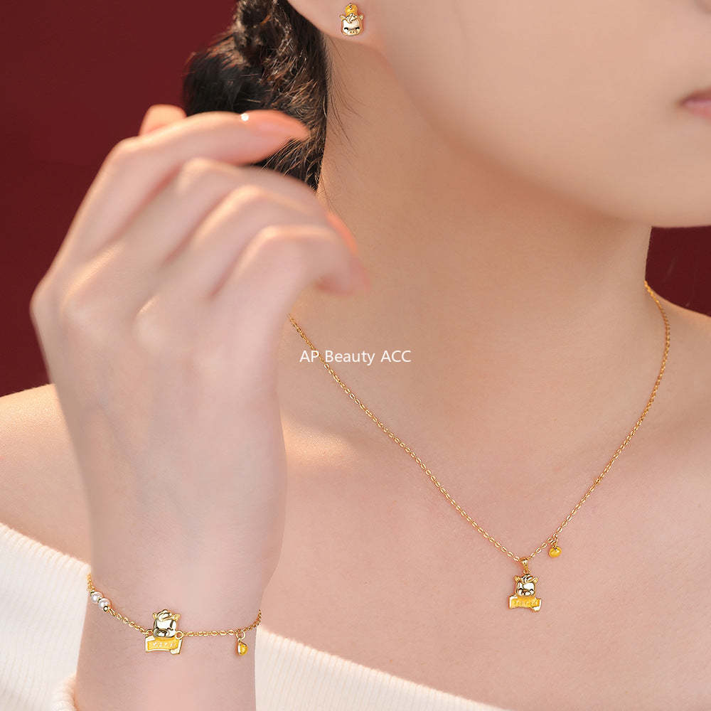 D廠-原創足銀S999柿來運轉大吉大利小馬項鍊輕奢耳釘個性中式手鍊「YC9738E_1 YC5412SL_1 YC0457N_1」25.12-3