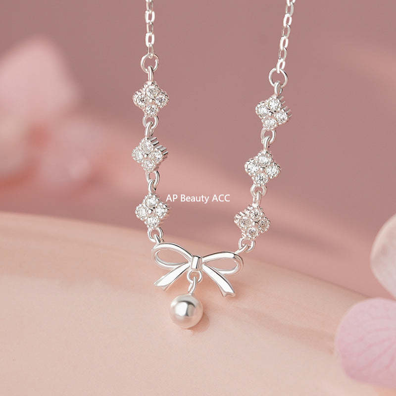 D廠-S999足銀淡雅四葉花蝴蝶結項鍊女甜美優雅氣質高級小眾鎖骨鏈「YC2220N_1」25.11-1