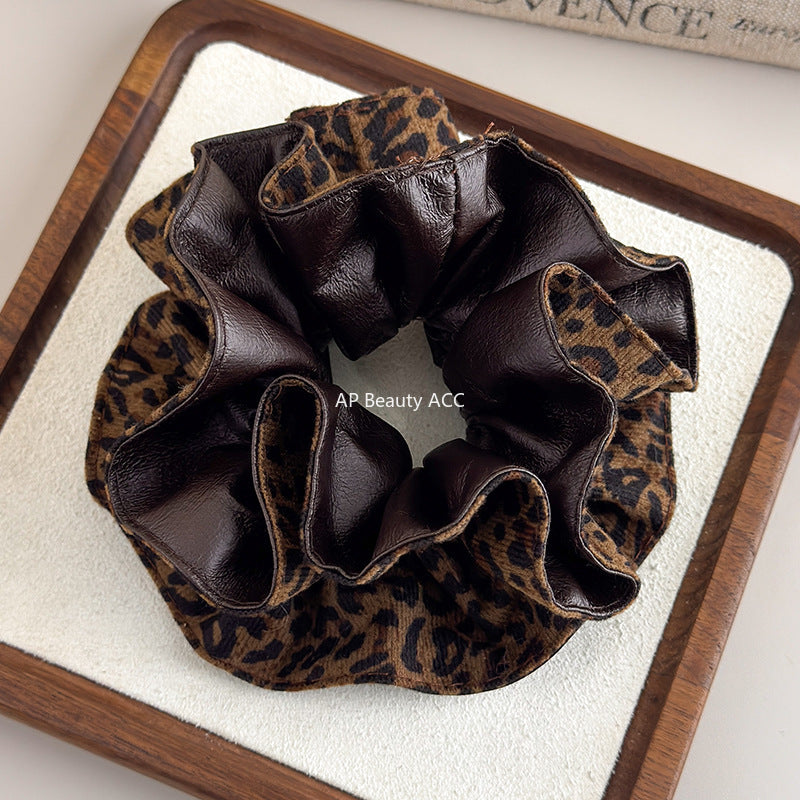 E廠-韓系pu皮豹紋雙面雙層大腸髮圈女氣質扎頭髮丸子頭髮繩低馬尾頭繩「27666」25.11-2