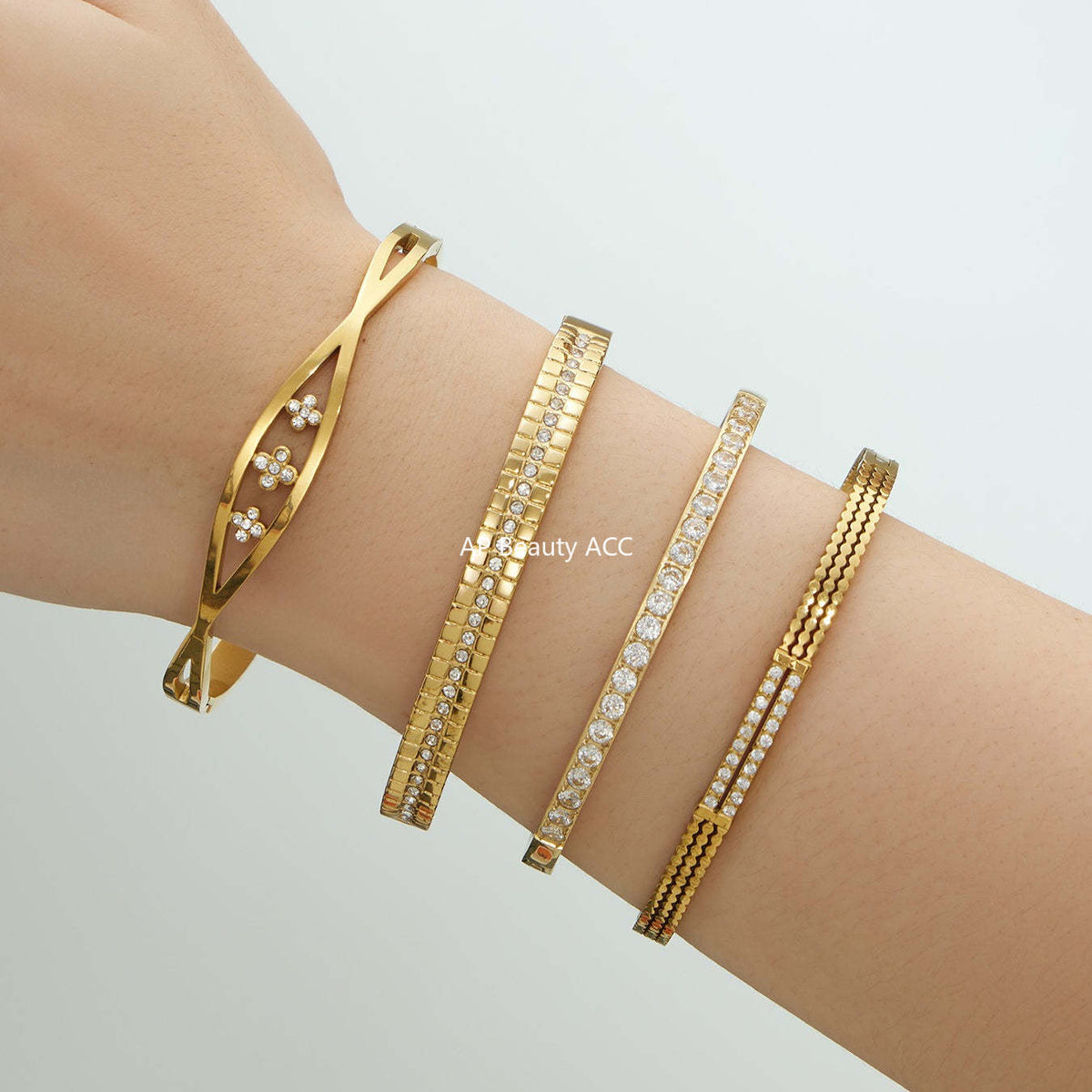 B廠-不鏽鋼單排鑽鋯石卡扣手鐲組合歐美時尚潮酷手飾品鍍18k金不掉色「Z512-15」25.12-2