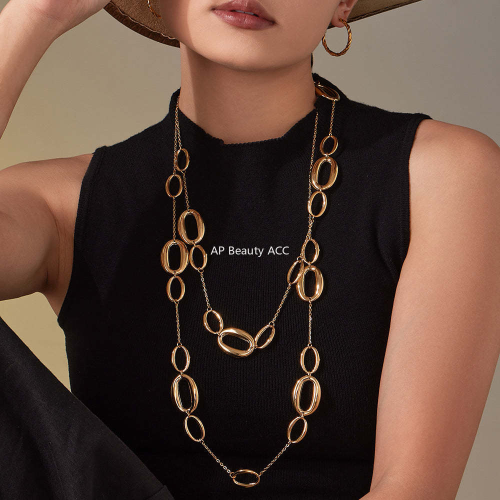 B廠-不鏽鋼幾何長款項鍊 鍍18k金ins歐美時尚百搭O字拼接毛衣「M084」25.11-3