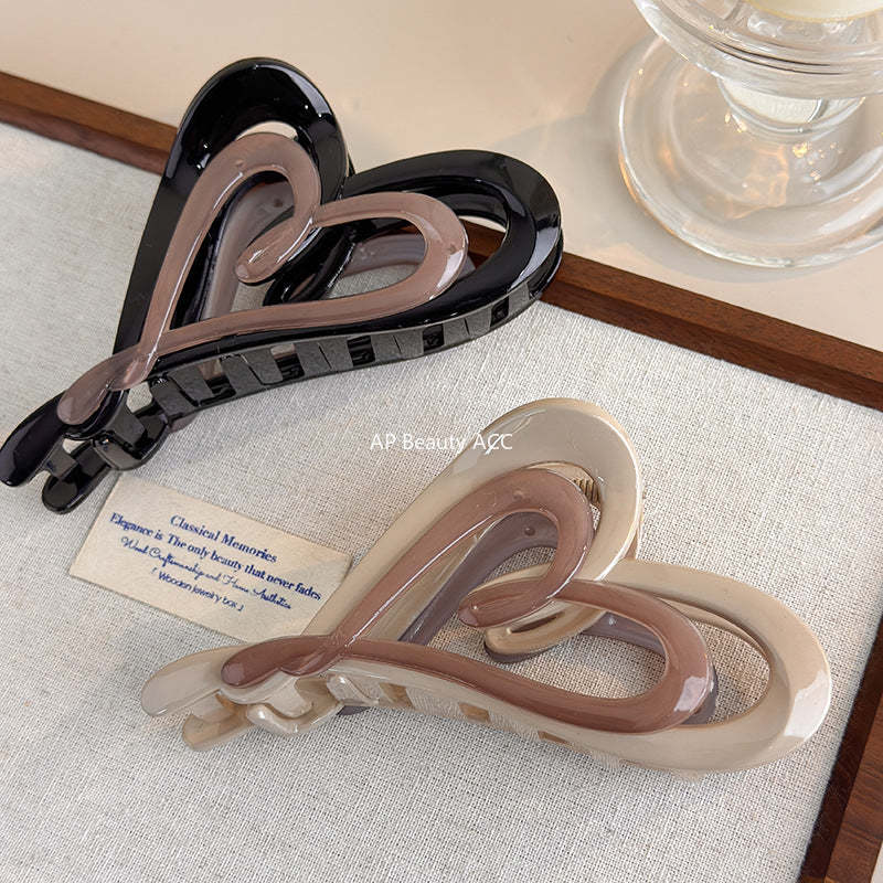 E廠-秋冬奶咖色漸變雙層愛心抓夾個性ins風不規則後腦勺髮抓盤髮夾女「27753」25.12-1