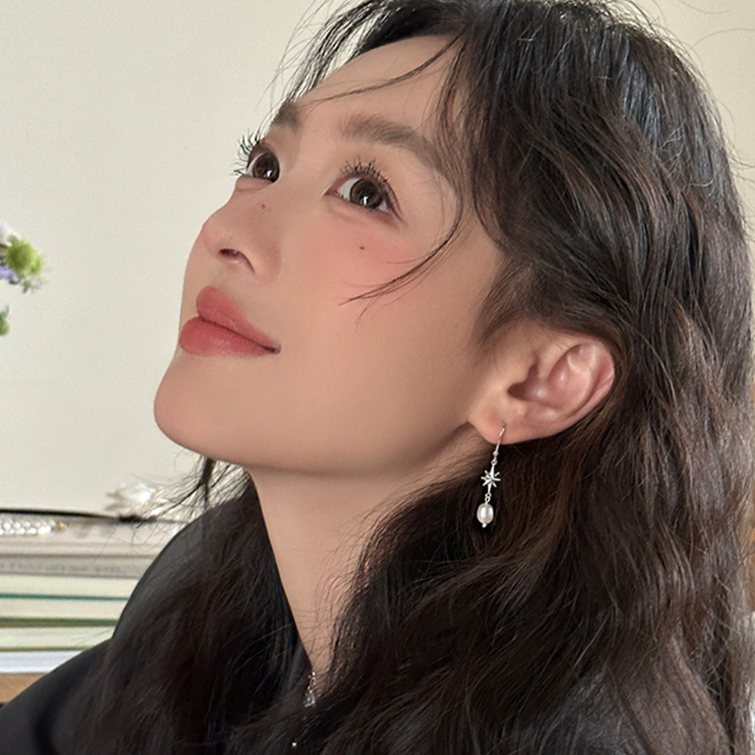 C廠-法式復古ins風八芒星銀針耳環女簡約輕奢設計感高級珍珠流蘇耳圈「EH-4000」25.10-2