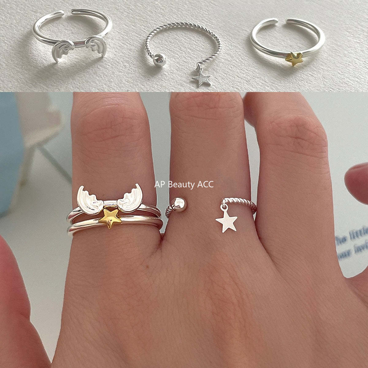 C廠-超仙百搭天使之翼疊戴戒指女簡約精緻高級感星星純銀食指戒新指環「JZ-0717」25.10-5
