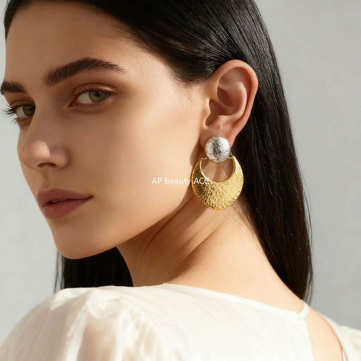 B廠-歐美拼色不鏽鋼耳環 小眾耳釘耳飾earrings曲面錘紋質量誇張耳環「F407」25.12-1