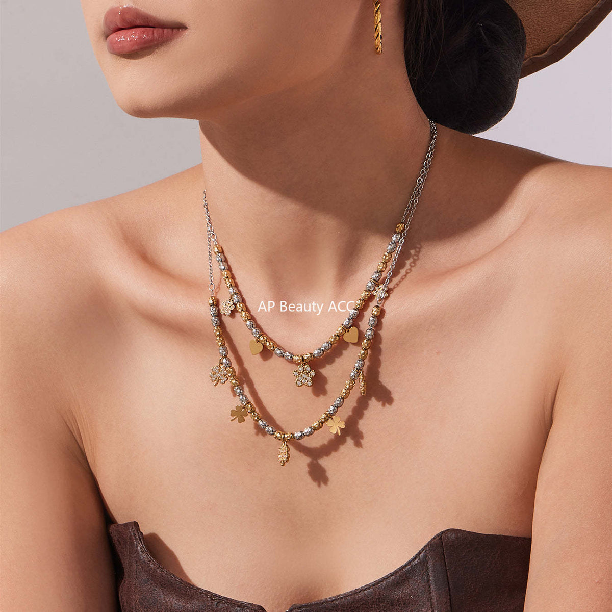 B廠-簡約不鏽鋼拼色項鍊手鍊套裝四葉草鑲嵌鋯石吊墜鍍18k真金「TXP467-TXE467」25.11-3