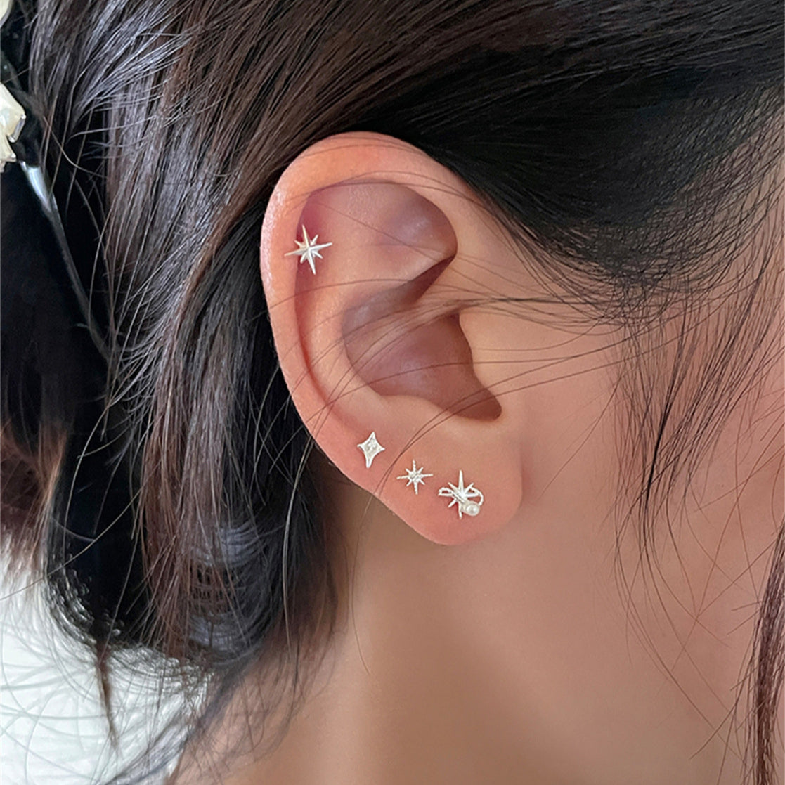 C廠-韓版時尚純銀八芒星耳釘女簡約ins甜美珍珠耳環個性設計夏季耳飾「EH-3845」25.07-2