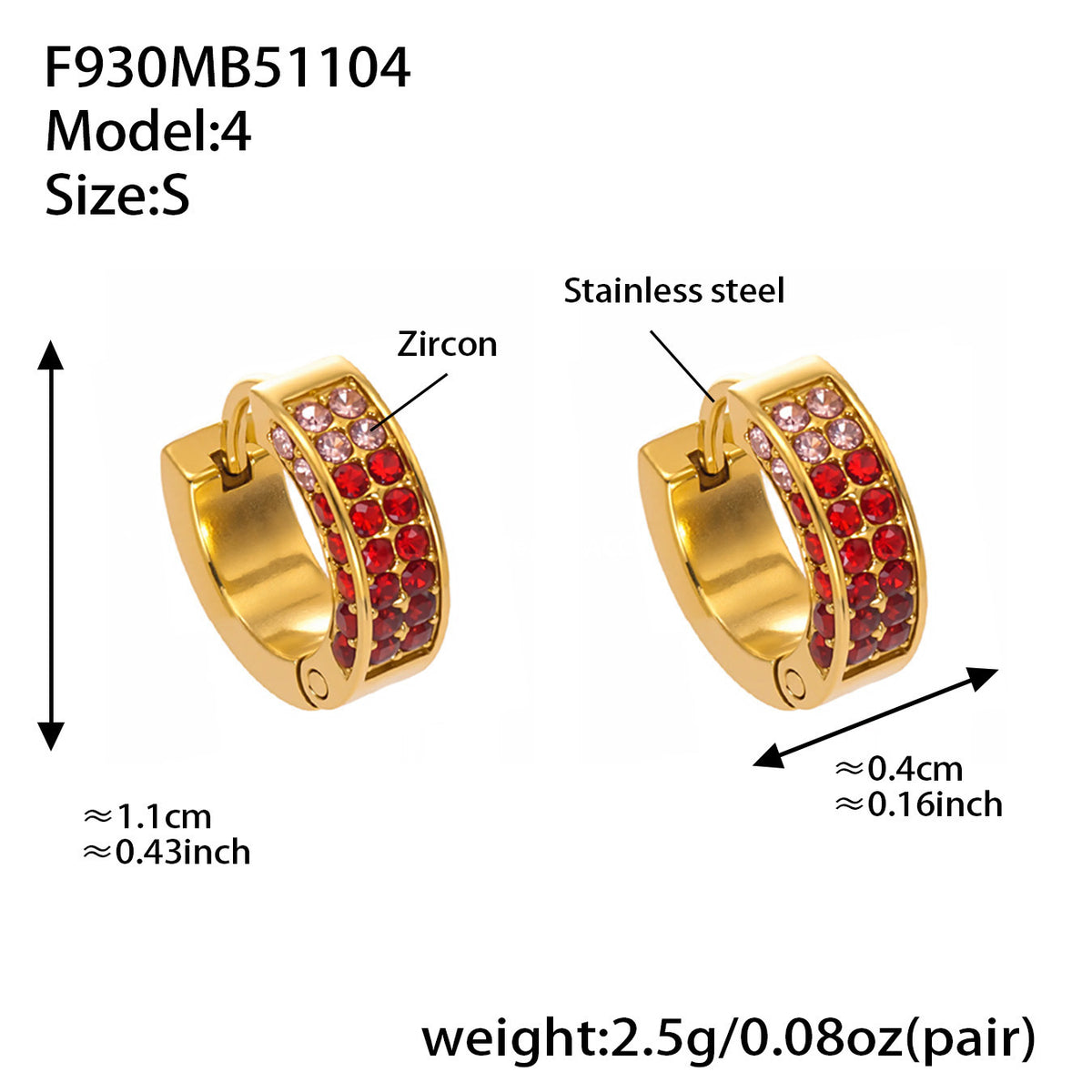 B廠-ins風高質量彩色5A鋯石圓圈卡扣耳環不鏽鋼鍍18k真金耳飾女「F930」25.11-2