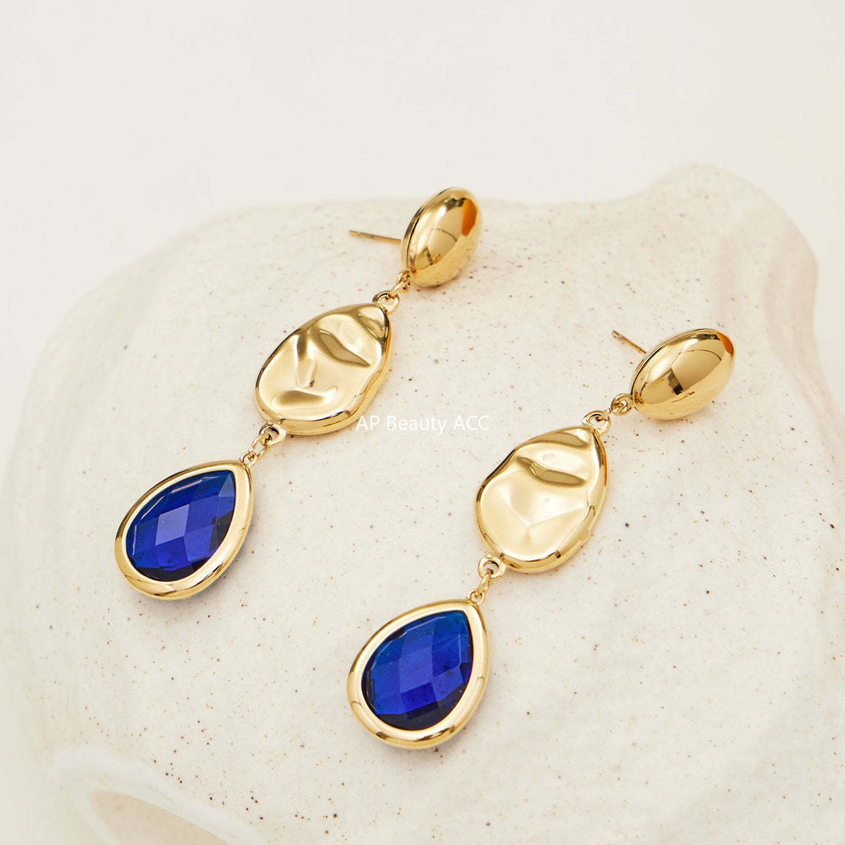 B廠-不鏽鋼空心水滴切面玻璃石耳環歐美小眾時尚高質感耳飾鍍18k真金「F764」25.12-1