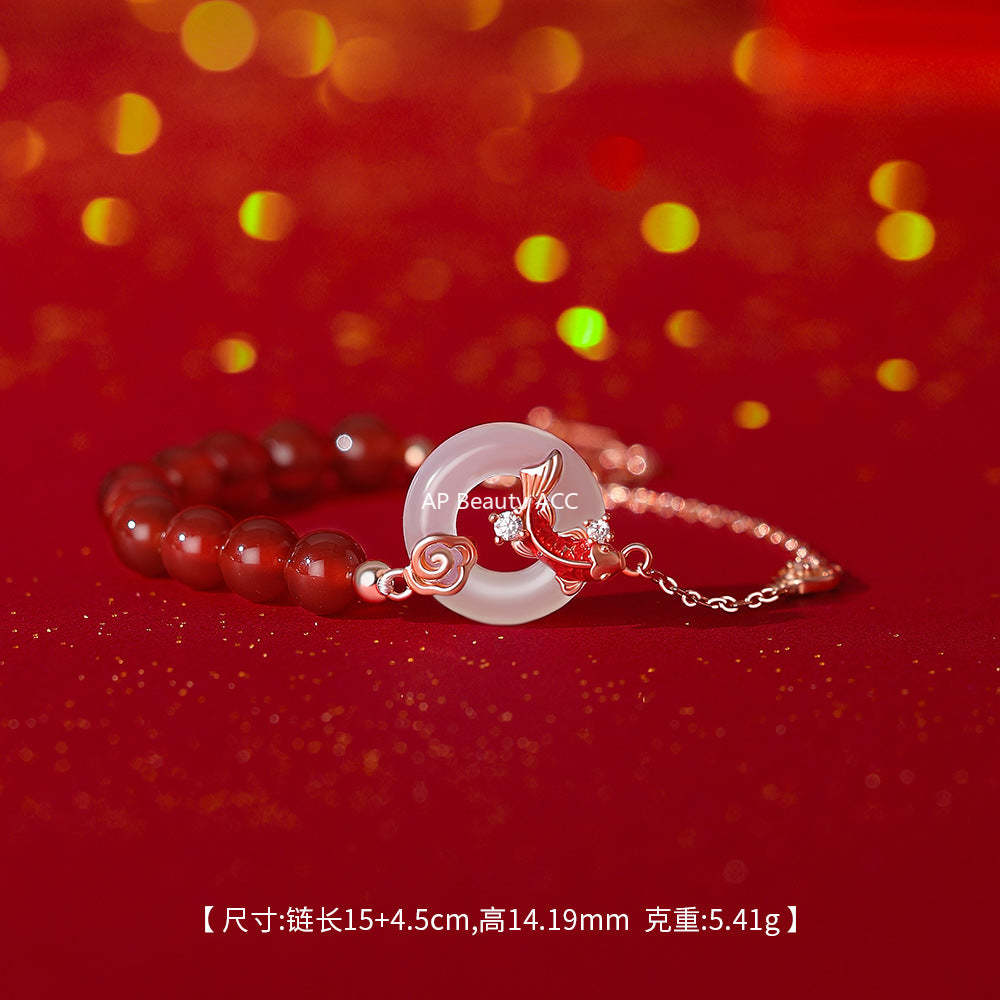 D廠-原創足銀S999紅瑪瑙白玉髓錦鯉平安扣項鍊個性手鍊新中式耳環批發「YC3379E_1 YC2289N_1 YC5110SL_1」25.12-2