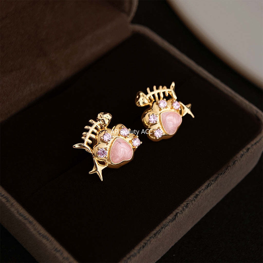 A廠-原創清新甜美可愛小清新ins925銀針小香風新款貓抓小魚耳飾耳釘「7223」25.12-3