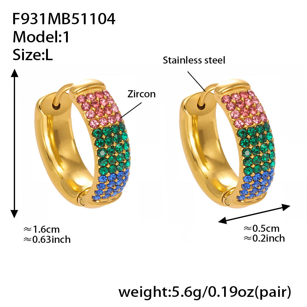 B廠-彩色鋯石拼色圓圈耳環大中小尺寸耳扣不鏽鋼鍍18k真金飾品「F931」25.11-2
