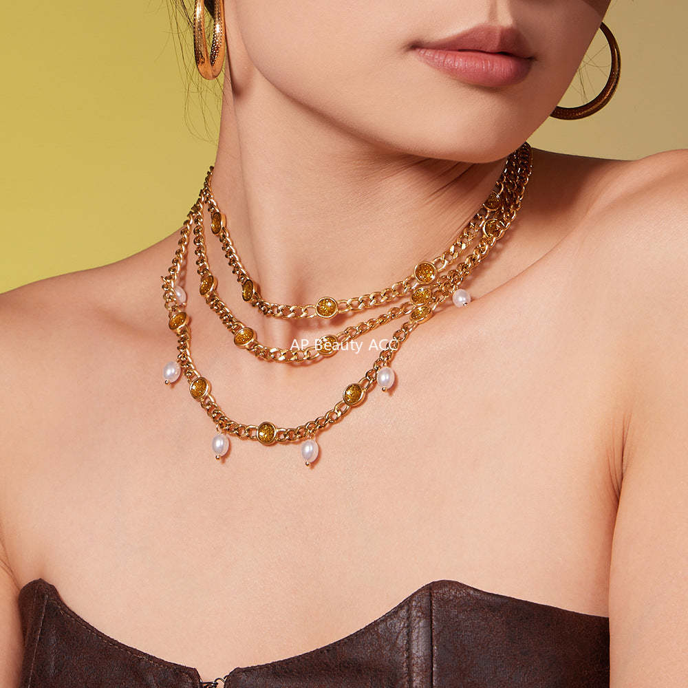 B廠-歐美熱銷款仿珍珠流蘇項鍊手鍊不鏽鋼鍍18k金ins小眾設計首飾套裝「TXP496」25.11-4