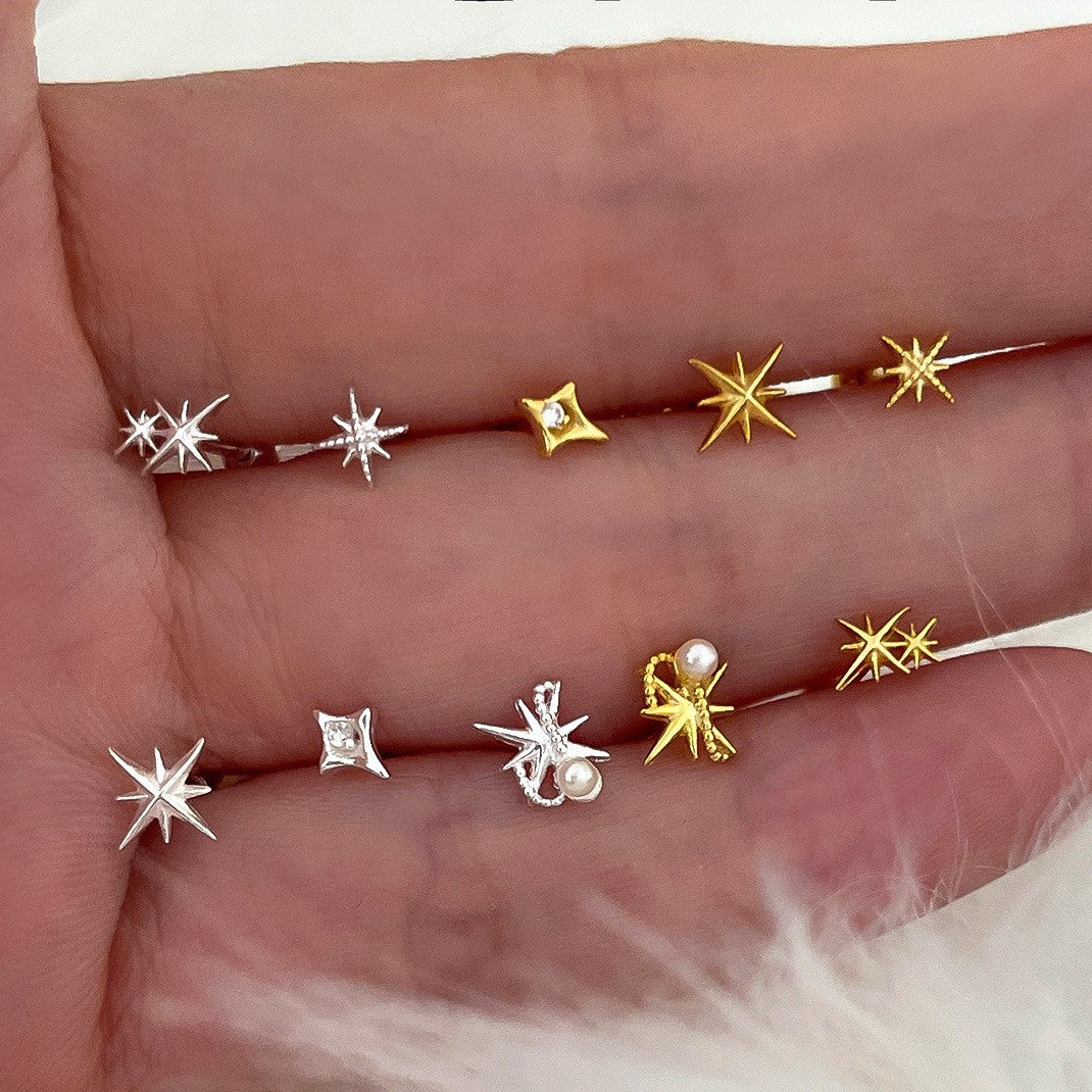 C廠-韓版時尚純銀八芒星耳釘女簡約ins甜美珍珠耳環個性設計夏季耳飾「EH-3845」25.07-2