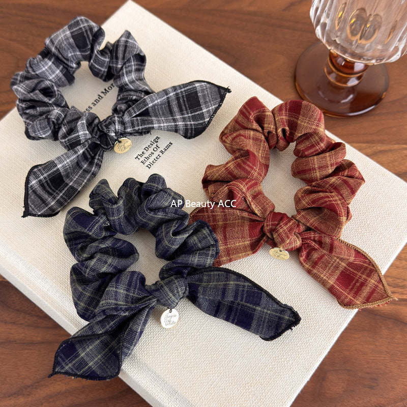 E廠-復古格紋學院風蝴蝶結髮圈減齡時尚百搭髮繩皮筋小腸髮圈頭飾品「27646」25.11-1