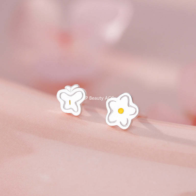 D廠-S999足銀花朵蝴蝶不對稱耳釘清新森系田園風溫柔甜美養耳洞小眾耳飾「YC4631E_1」25.11-3