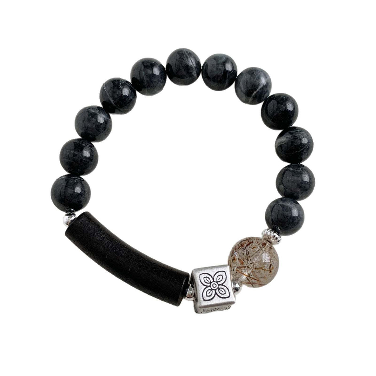C廠-藏式古風 花朵方糖天然黑金超七水晶沈香木半鐲墨玉手串手工手鍊「1611」25.11-4