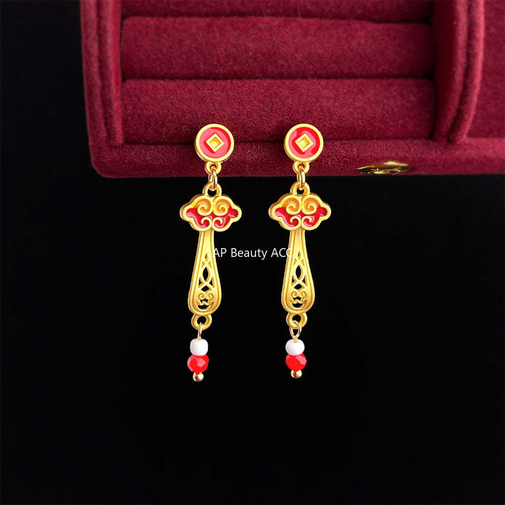 A廠-新年款玉如意琺瑯手工彩繪滴釉紅色新款耳環工廠長款新中式耳環飾品「7214」25.12-2