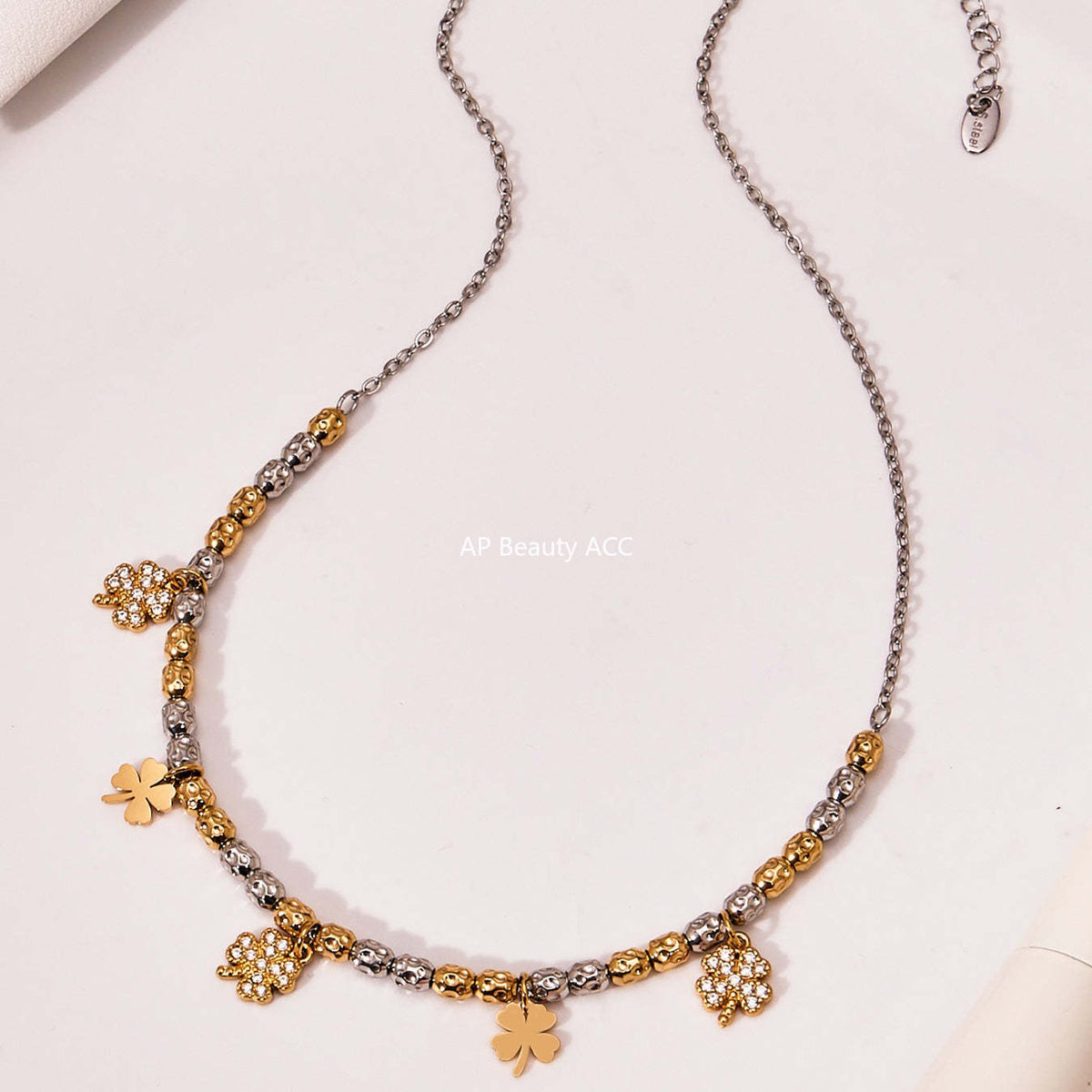 B廠-簡約不鏽鋼拼色項鍊手鍊套裝四葉草鑲嵌鋯石吊墜鍍18k真金「TXP467-TXE467」25.11-3