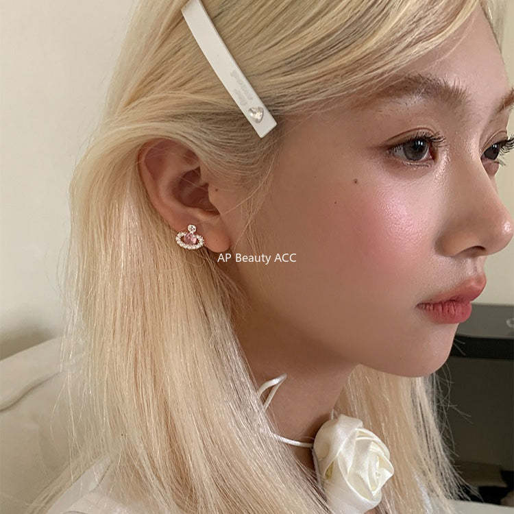 C廠-輕奢小香風粉鋯石星球耳釘女小眾甜美珍珠耳環時尚通勤百搭耳飾「EH-4313」25.12-3