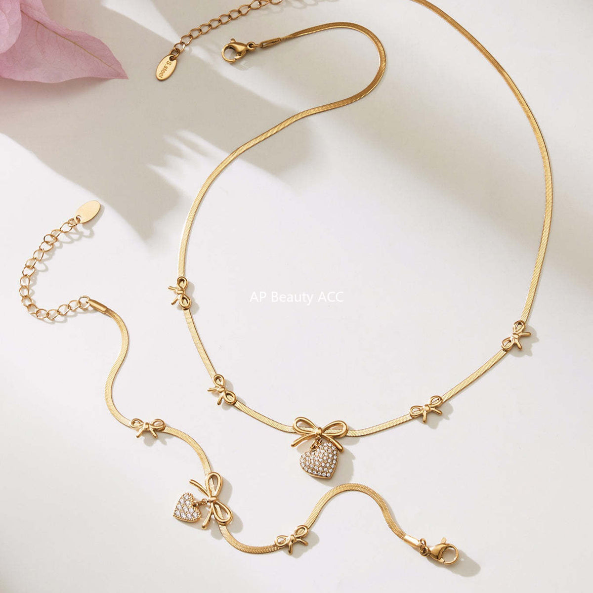 B廠-不鏽鋼蝴蝶結愛心鋯石滿鑽吊墜刀片鏈手鍊項鍊首飾套裝鍍18k真金「TXP499」25.11-4