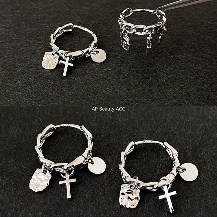 C廠-歐美設計感925銀針十字架吊墜耳環女冷淡風潮流酷颯耳扣秋冬耳飾「EH-4270」25.11-4