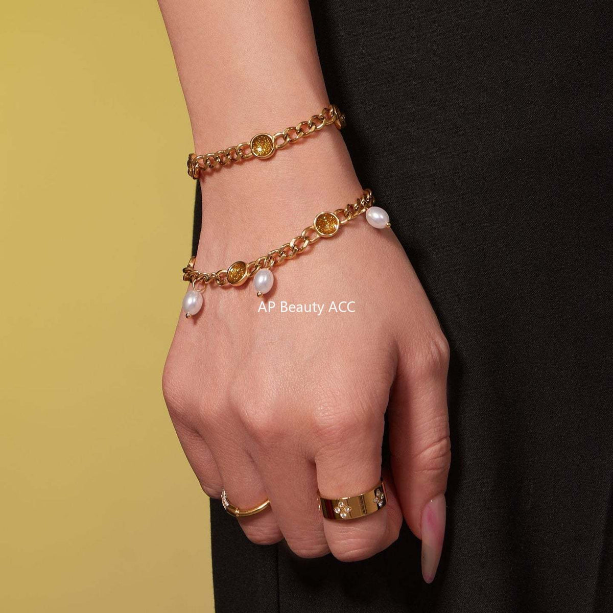 B廠-歐美熱銷款仿珍珠流蘇項鍊手鍊不鏽鋼鍍18k金ins小眾設計首飾套裝「TXP496」25.11-4