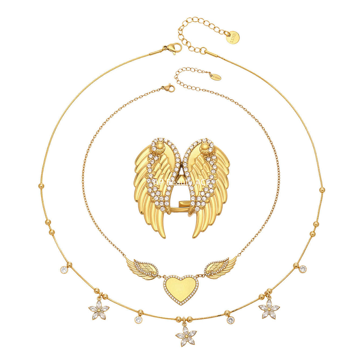 B廠-不鏽鋼5A鋯石愛心翅膀吊墜項鍊羽翼開口戒指套裝鍍18k真金不掉色「TXP523」25.12-3