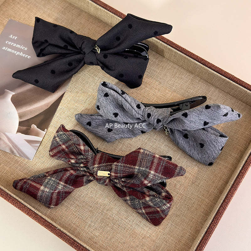 E廠-韓ins愛心波點毛呢格紋蝴蝶結金標後腦勺盤髮夾扎馬尾橫夾髮夾「27749」25.12-1