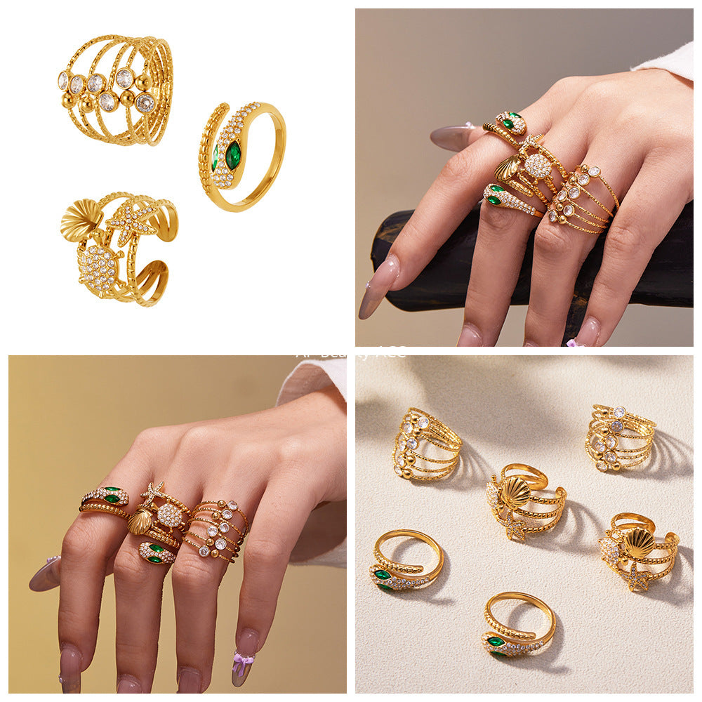 B廠-超閃5A鋯石蛇形開口戒指尾戒不鏽鋼鍍18k真金簡約時尚飾品「A659」25.11-1