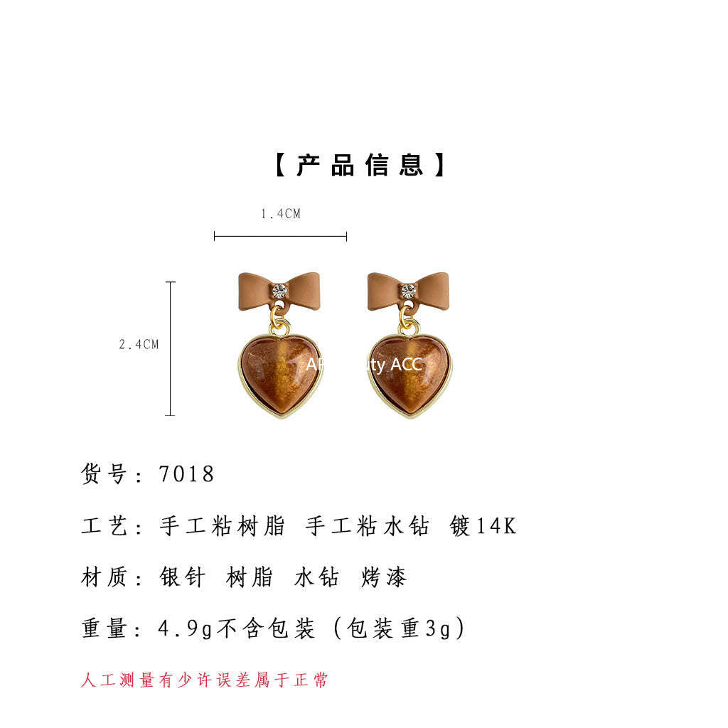 A廠-秋冬熱賣美拉德風咖色大地色蝴蝶結愛心銀針耳環新款耳飾批發「7018」25.11-1