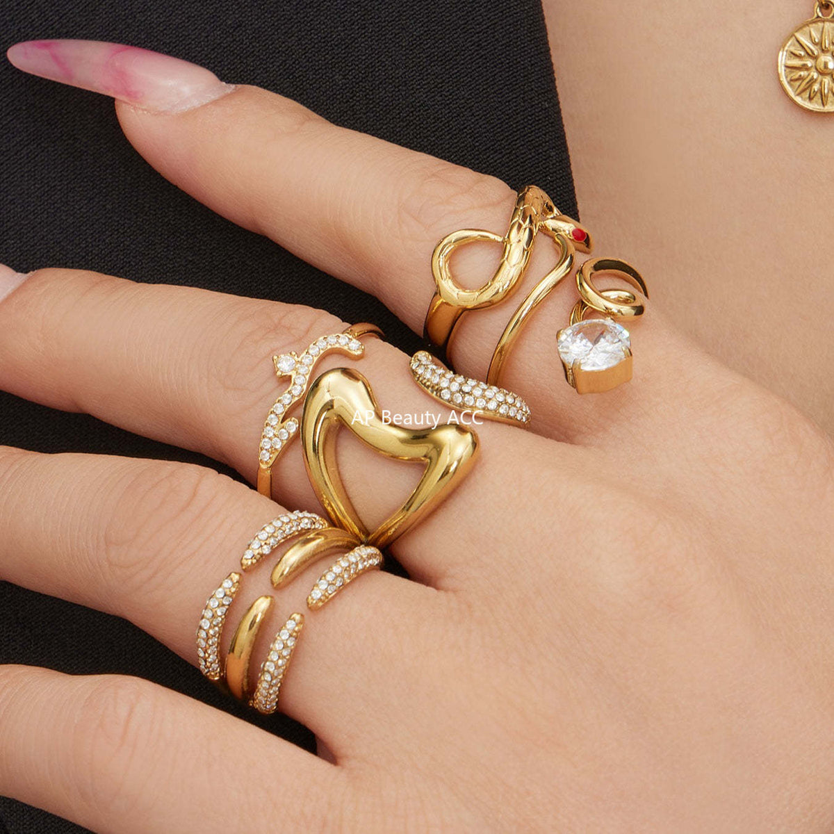 B廠-不鏽鋼細鑽鑲嵌鋯石開口戒指組合鍍18k真金INS小眾時尚設計手飾品「A382-A-A622-A674」25.12-3