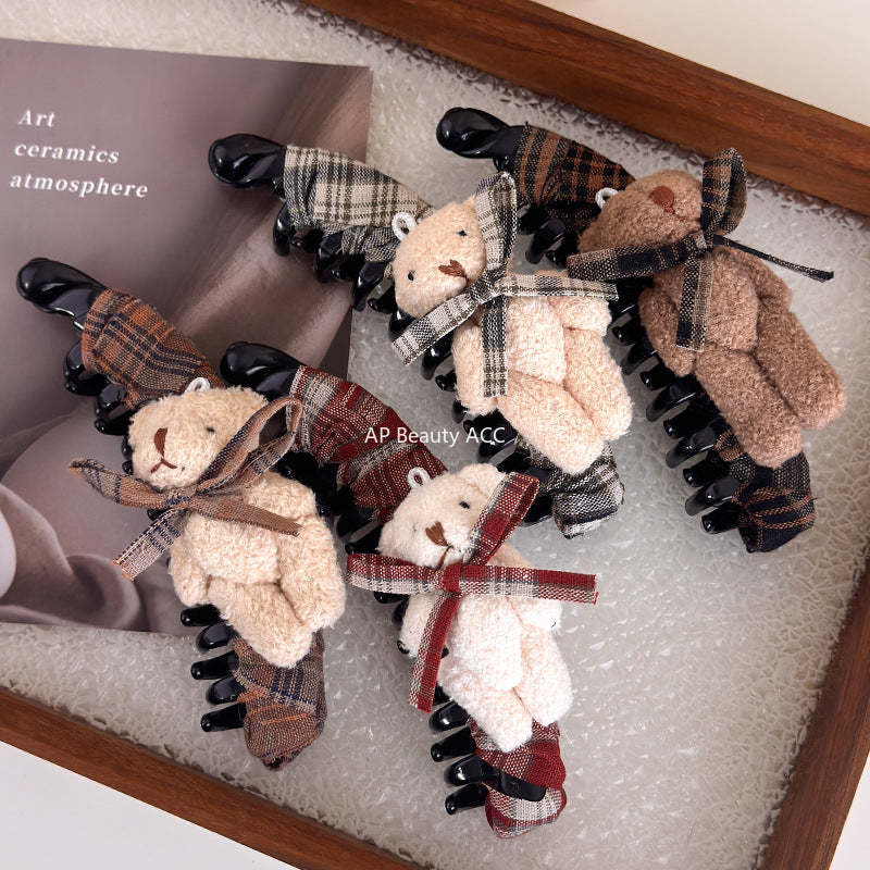 E廠-美拉德格紋布藝蝴蝶結玩偶小熊香蕉夾髮夾竪夾大號馬尾夾韓版髮飾「27722」25.11-4