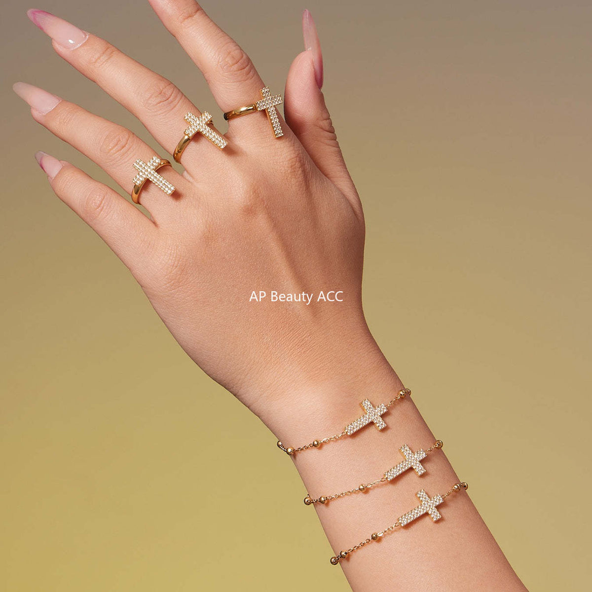 B廠-不鏽鋼超閃5A鋯石十字架戒指耳環項鍊手鍊首飾套裝鍍18k金不掉色「TXP503」25.11-4