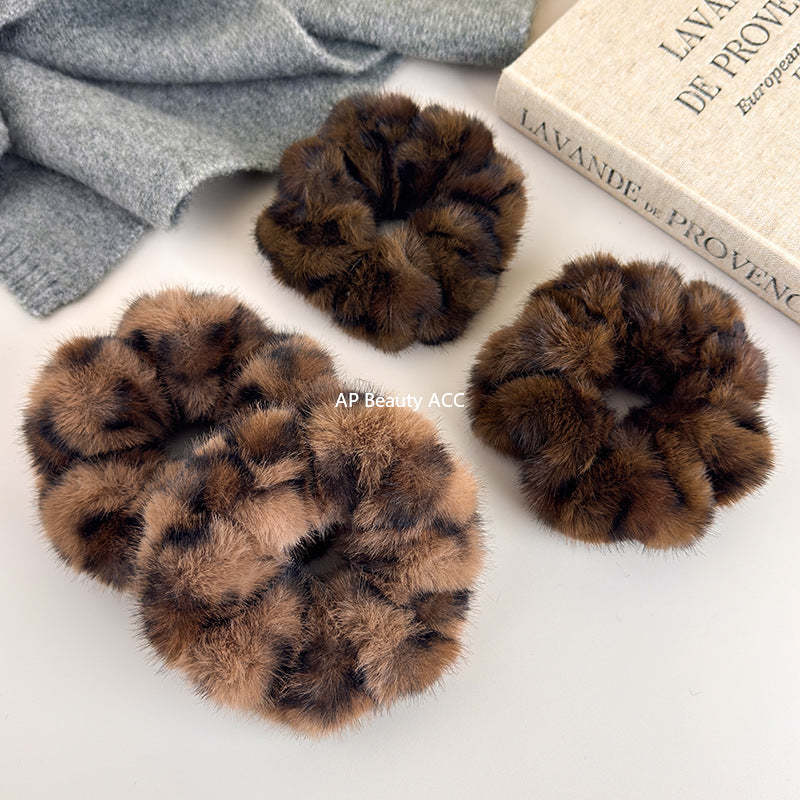 E廠-韓系秋冬毛絨豹紋大腸髮圈女高級感氣質扎頭髮馬尾頭繩髮繩髮飾「27635」25.11-1