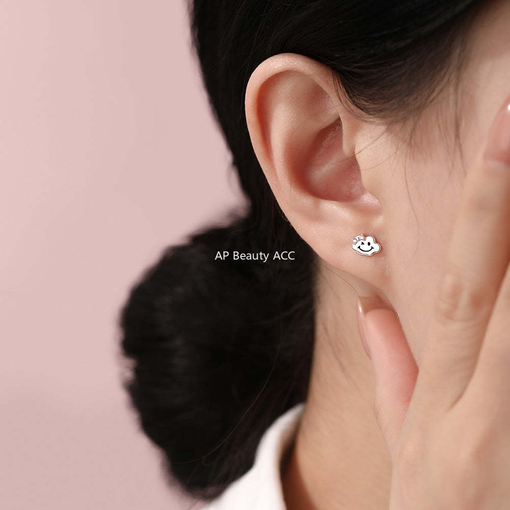 D廠-原創足銀S999雲朵笑臉耳環可愛卡通清新百搭甜美小眾簡約耳飾「YC3703E_1」25.12-2