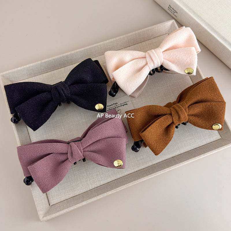 E廠-韓國秋冬高級感雙面呢子蝴蝶結香蕉夾韓系金標竪夾馬尾髮夾髮飾「27639」25.11-1