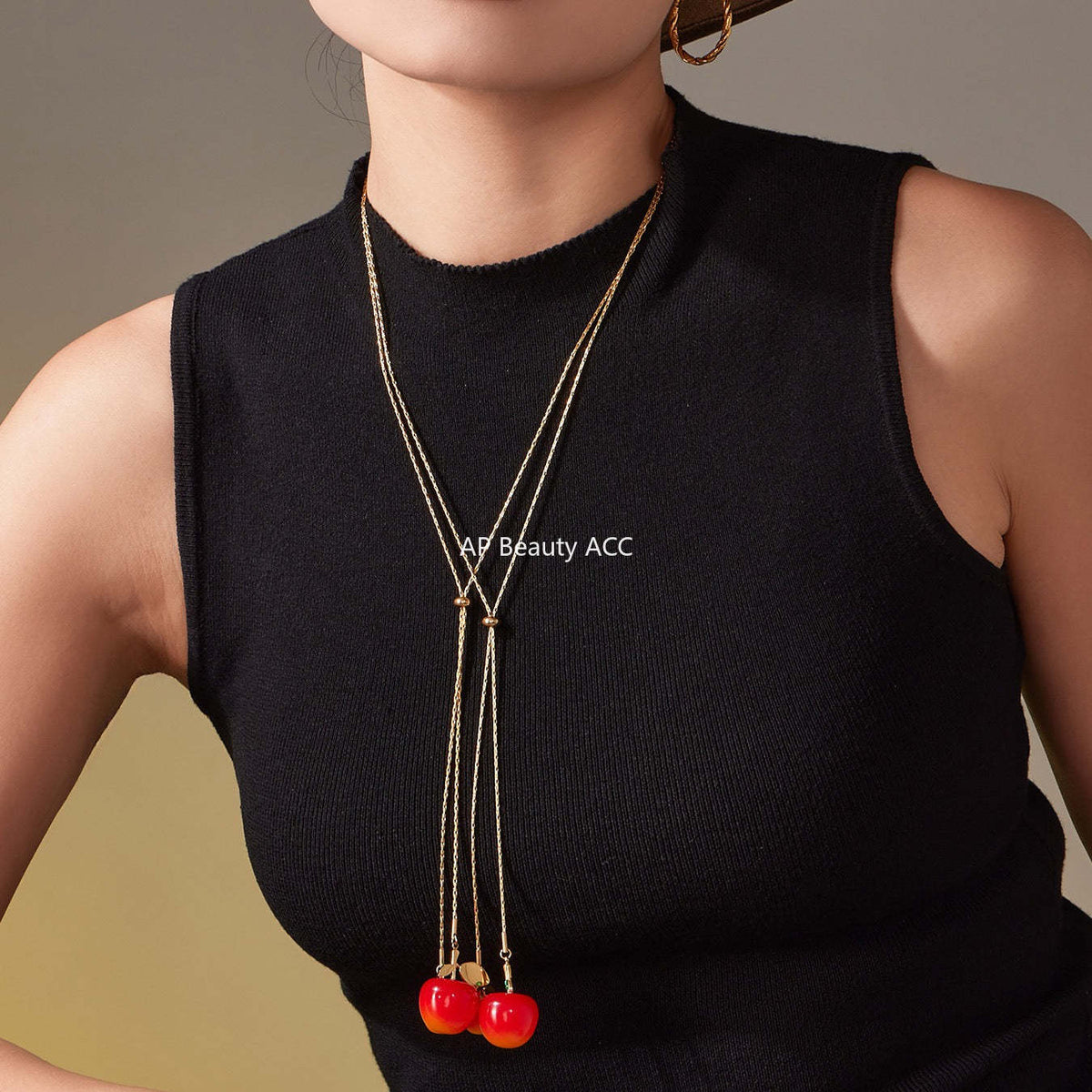 B廠-5A鋯石抽拉大小櫻桃吊墜毛衣項鍊不鏽鋼鍍18k真金珠寶首飾「P1366」25.11-3