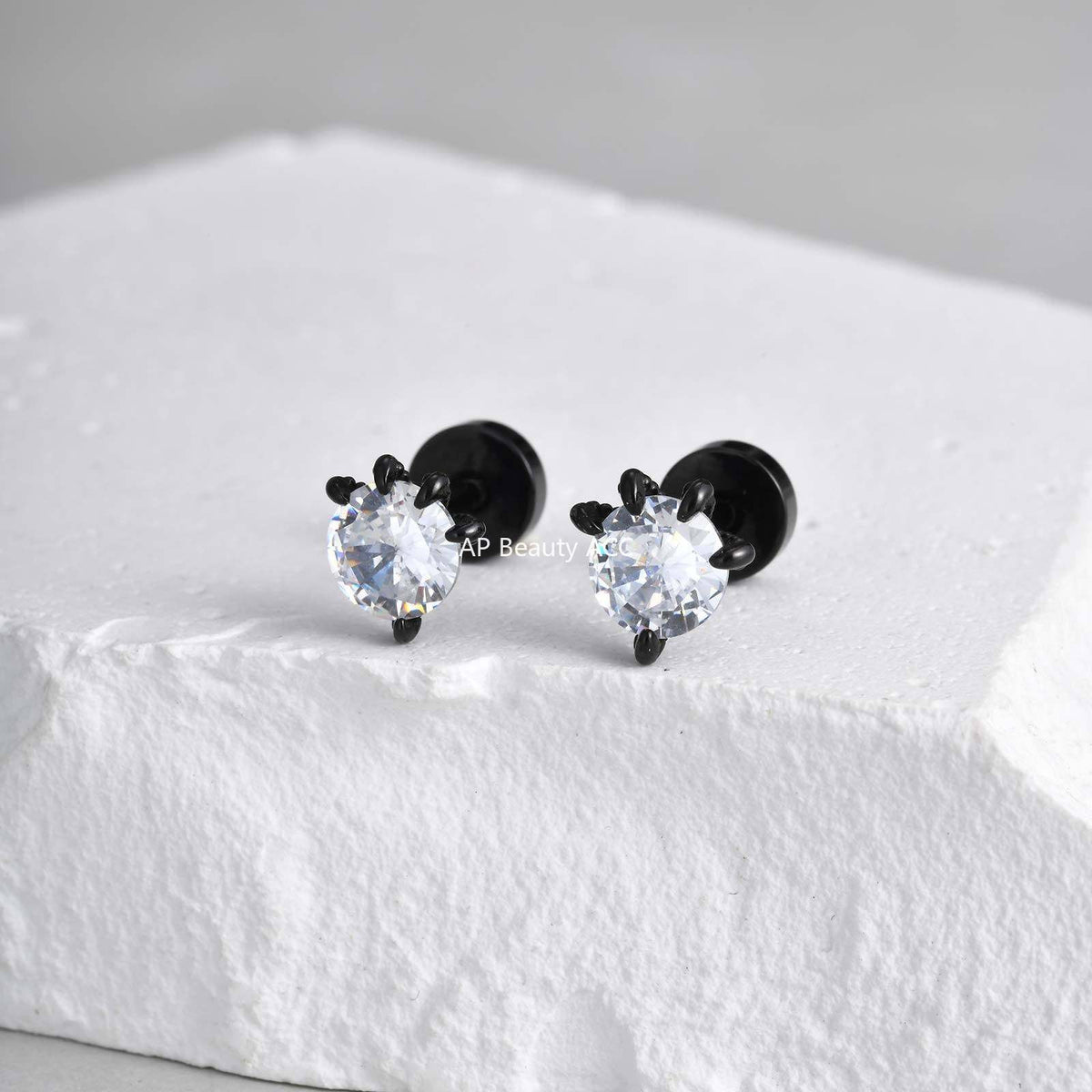 G廠-不鏽鋼簡約百搭冷淡小眾白鋯石龍爪耳釘黑色「ES-767B」25.11-3