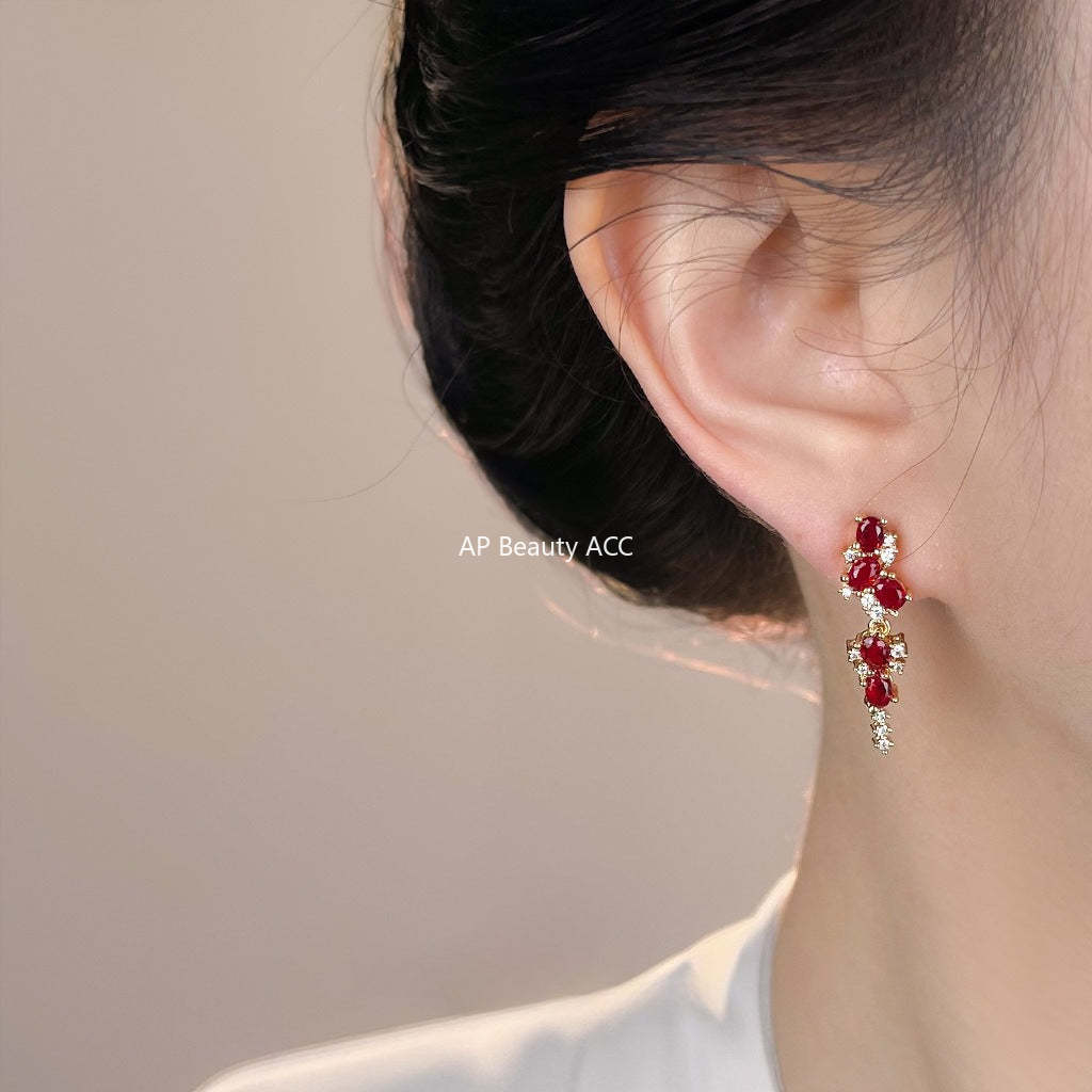 A廠-鑲嵌鋯石長款小流蘇酒紅色新款麥穗耳飾925銀針工廠直營耳環 飾品「7196」25.12-1
