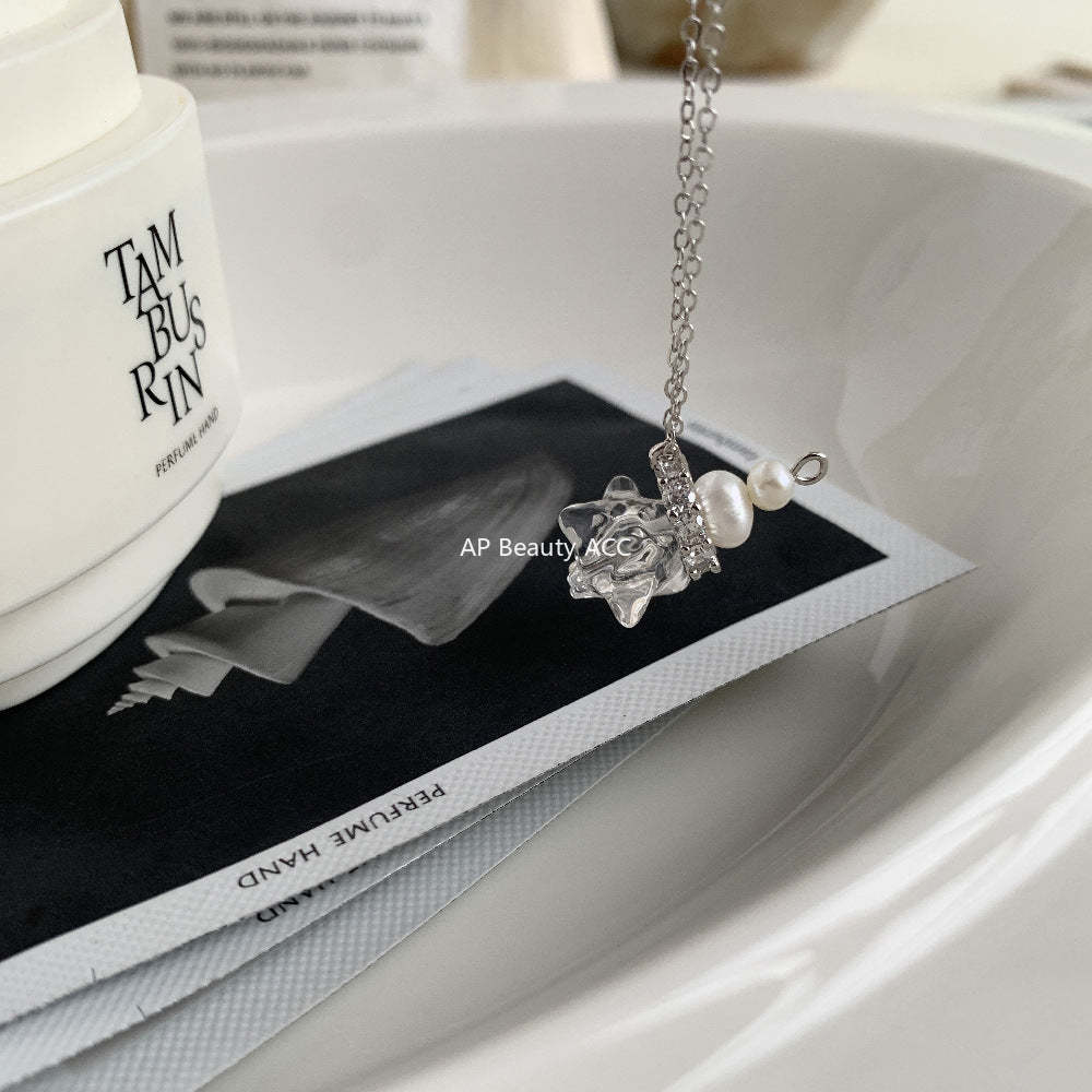 C廠-韓國ins風小眾設計 守護星 天然白水晶天然淡水珍珠S925純銀項鍊「1497」25.11-3